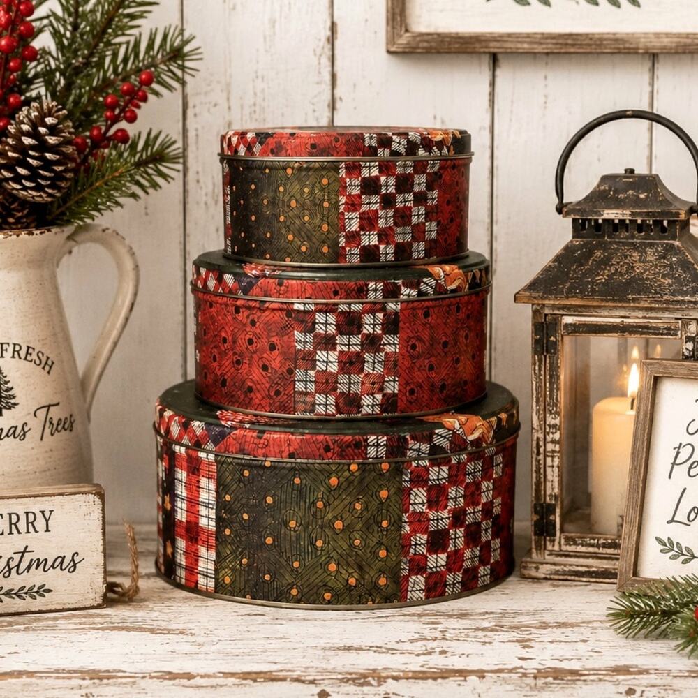 Vintage Plaid Christmas Santa Nesting Tins Cookie Storage Canister Holiday Decor